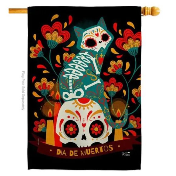 Breeze Decor Suger Skull Gato Fall Time Day of Dead Halloween Cat Flag House - Picture 1 of 2